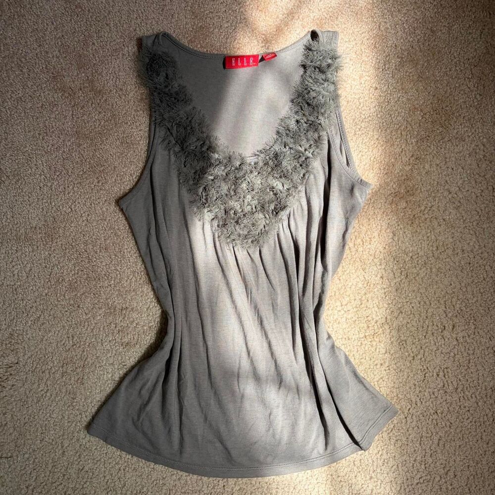 y2k grey fringe fur trim v-neck tank top